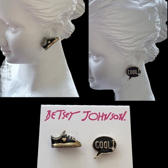 Betsey Johnson Black Casual Sneaker & Speech Bubble Cool Word Stud Earrings - Picture 1 of 4